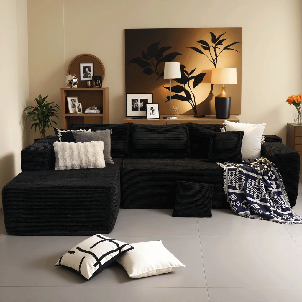 Ovios 106" L-Shaped Sectional Sofa Modern Modular Cloud Couch with Deep Seating Upholstered Sofa for Living Room Bedroom, No Assembly Required, Black(Corduroy)
