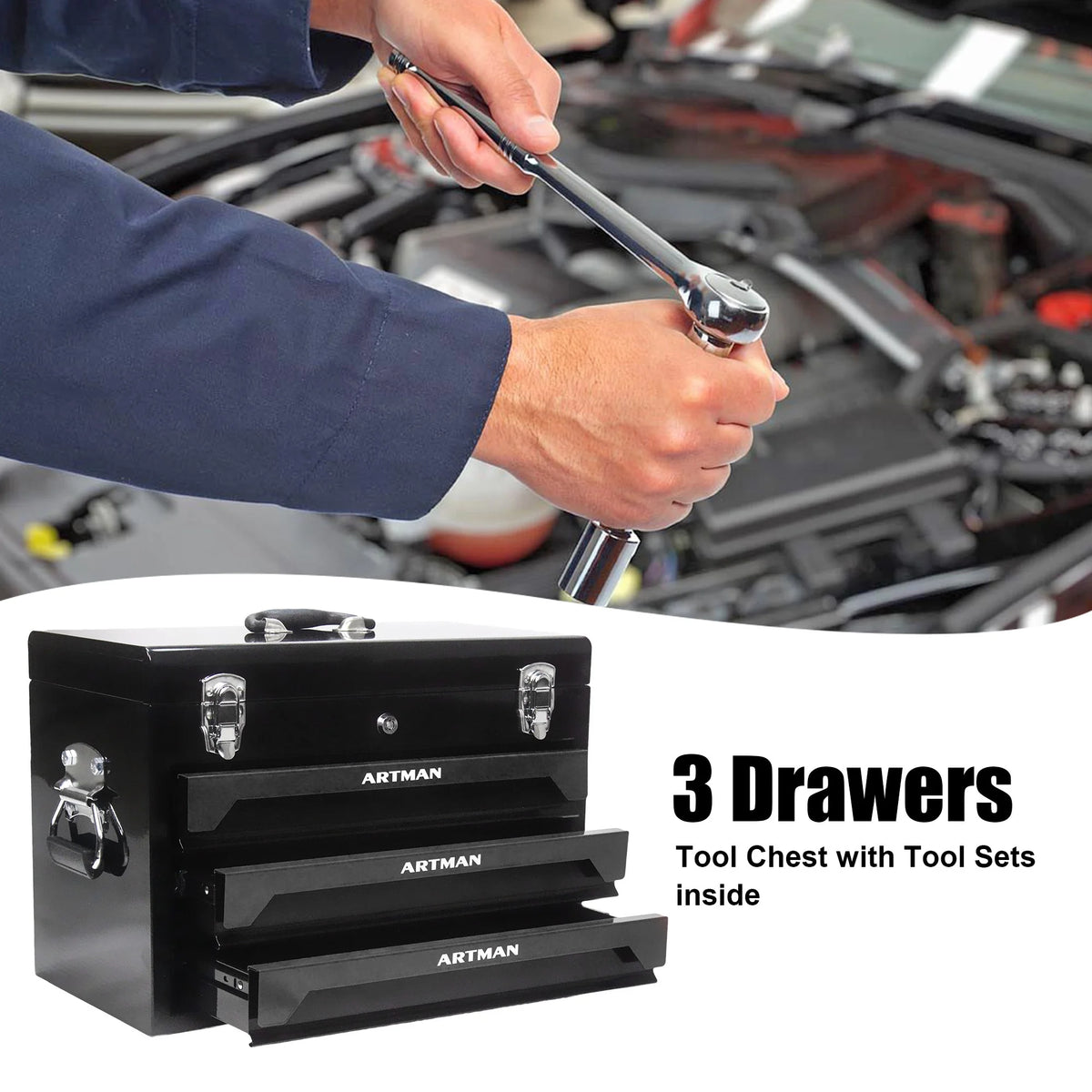 NIGSQJB Tool Set 439pcs with 3 Drawers Tool Box Organizer, Mechanic Tool Set for Home, Tool Box Set 4-Tier Socket Wrench Ratchet Plier Nails, Home Tool Set Mechanics Kit for Adults Man Handyman, Red