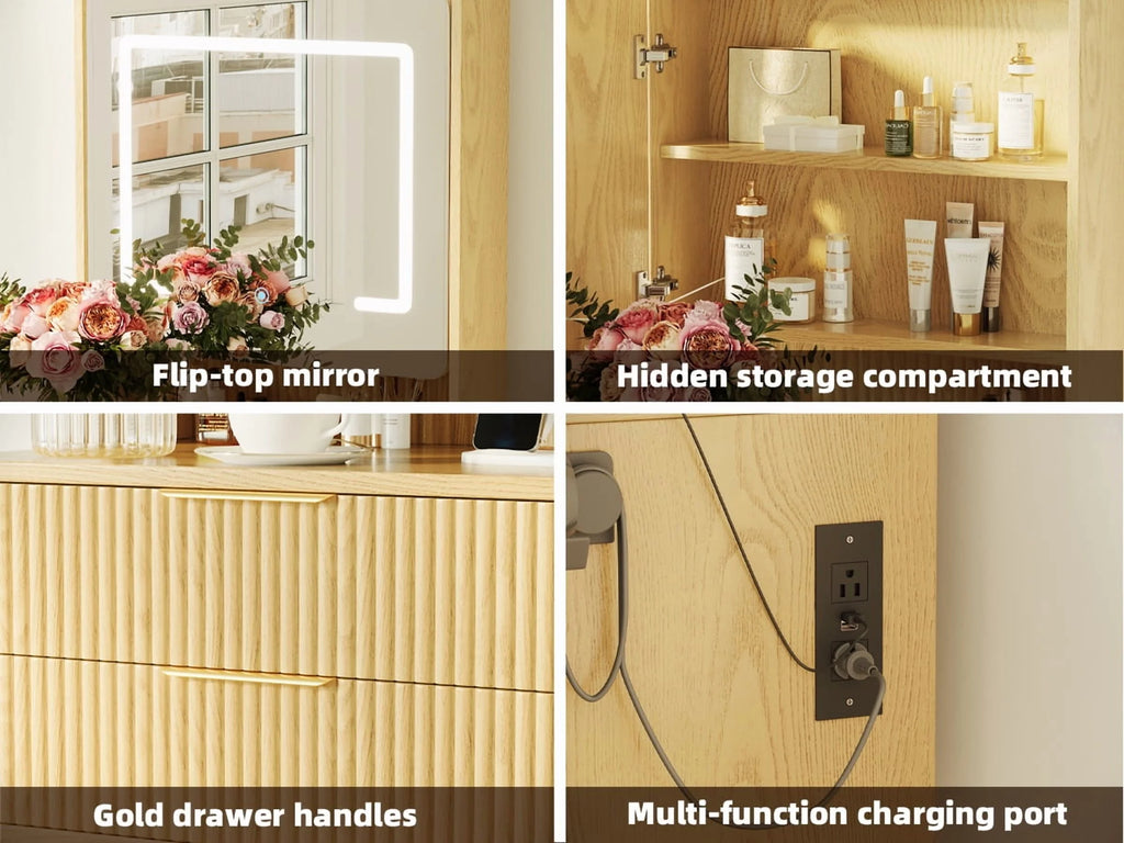UGTOO 45.2" Modern Vanity Desk with LED Mirror & USB Charging, Wood Makeup Dressing Table with 7 Drawers for Bedroom