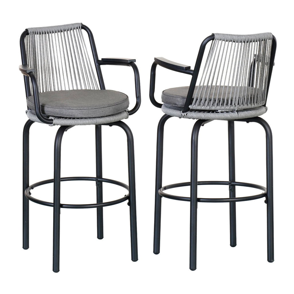 Lyric Modern 29" Outdoor Patio Bar Stools, Bar Chairs with Wood Grain Finish Frame with Hand-Woven PE Rattan Rope, Removable Cushions, Teak+Beige, Set of 2