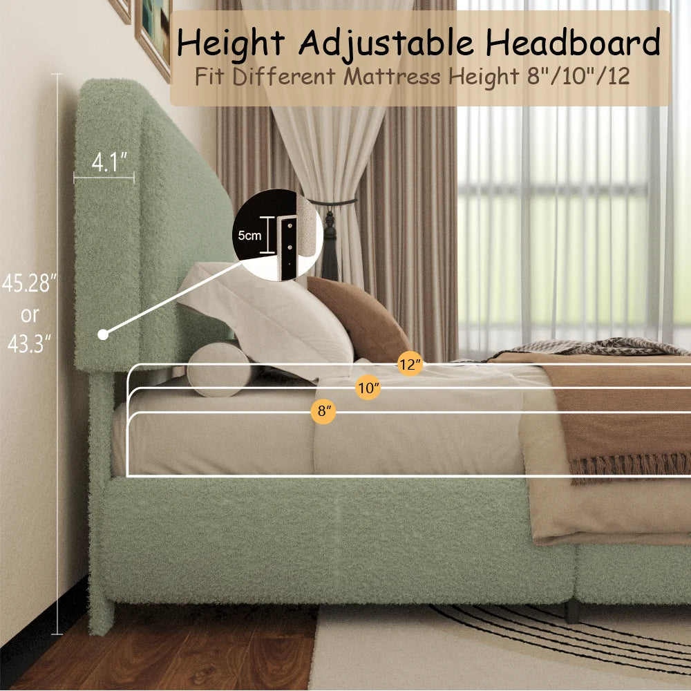VIPLOV King Size Boucle Bed Frame, Cloud Upholstered Platform Bed with Height Adjustable Headboard & Soft Rounded Corners, No Noise Free, Easy Assembly,Beige