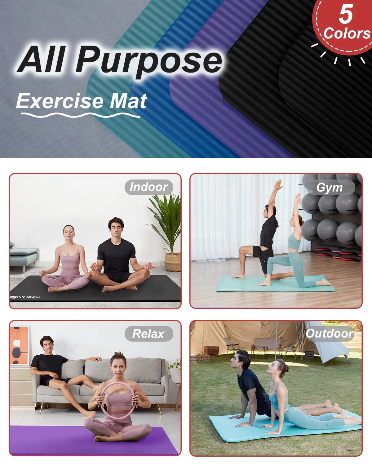 YR Large Exercise Mat 6' x 4' 10mm Thick NBR Stretching Yoga Pilates Workout for Home Gym Black