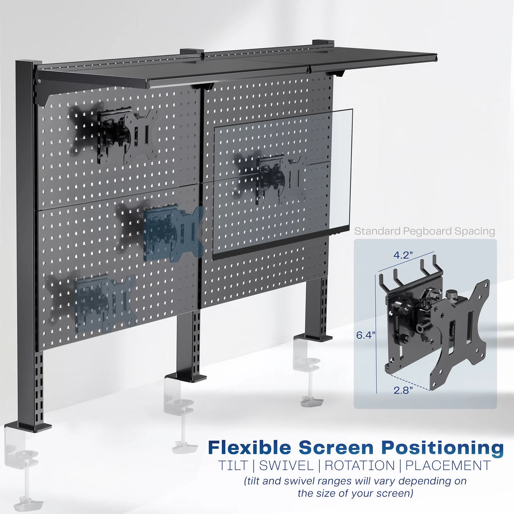 VIVO Black Steel Clamp-on 47" Pegboard with Monitor Mounts & Overhead Shelf