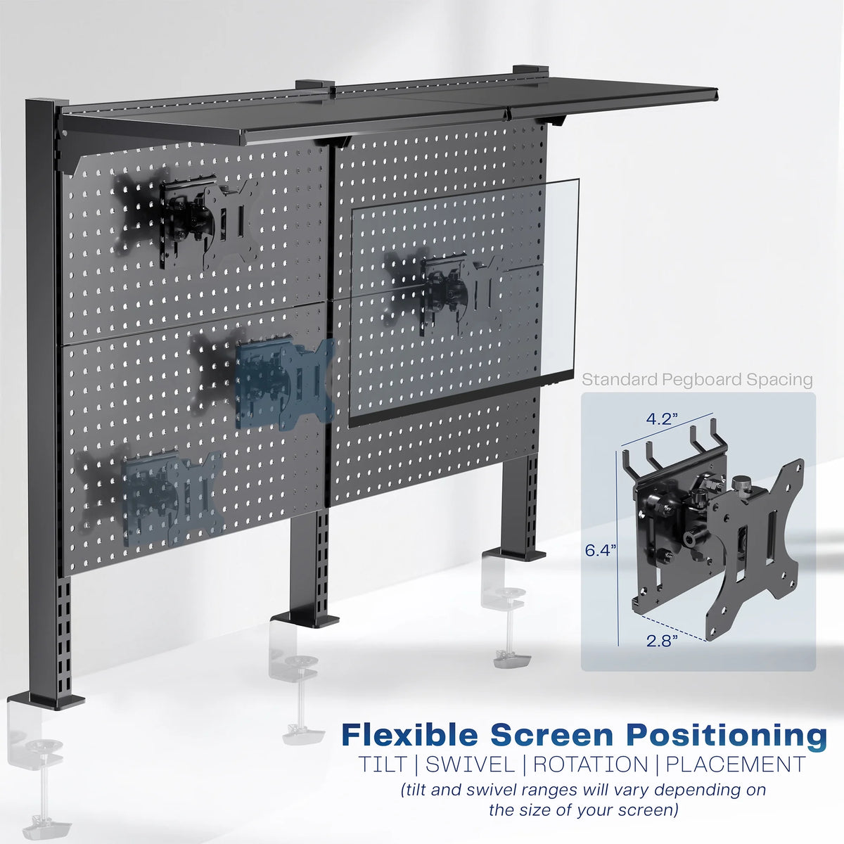 VIVO Black Steel Clamp-on 47" Pegboard with Monitor Mounts & Overhead Shelf