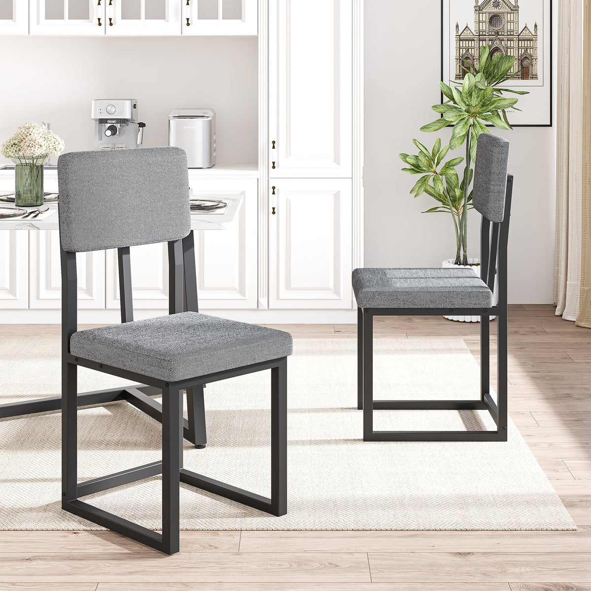 PORKISS Dining Table Set for 4, Kitchen Table Set with Chair for 4 with Faux Marble Table and 4 Linen Upholstered Chairs, Dining Room Set for Kitchen Dining Room Small Space, White + Gray + Black