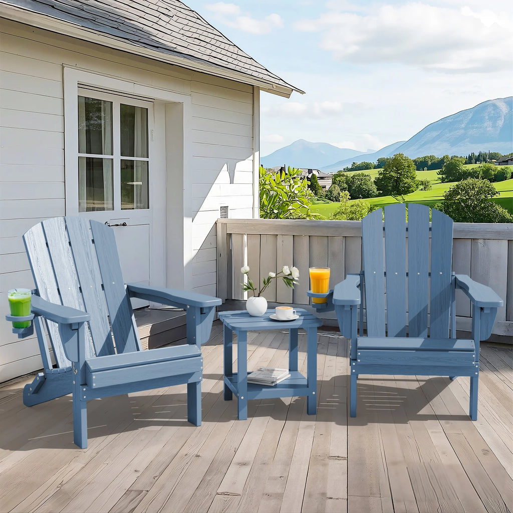SERWALL Outdoor Adjustable Folding HDPE Adirondack Chairs Set of 2 with Cup Holder, Gray