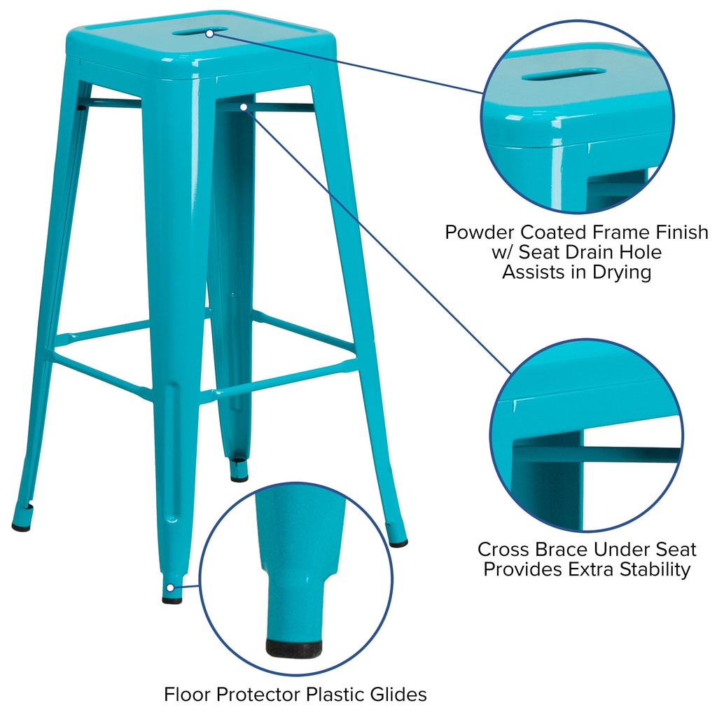 Merrick Lane Crystal Blue 30" High Backless Metal Bar Height Stool with Square Seat for Indoor-Outdoor Use