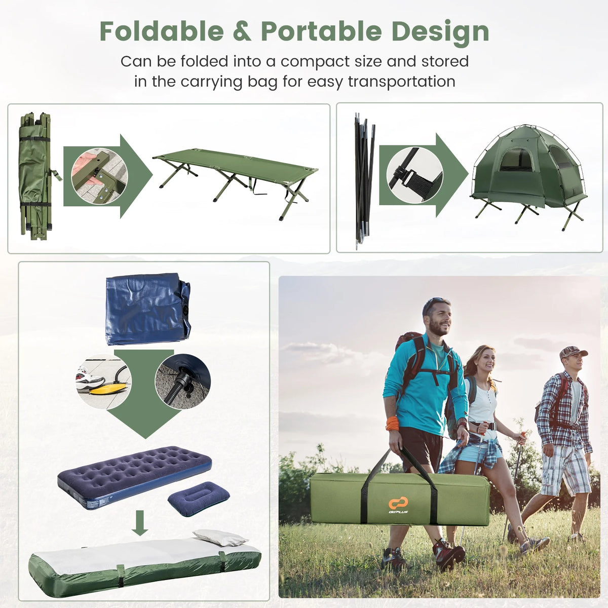 Goplus 1-Person Waterproof Camping Tent Cot with Air Mattress, Pillow, Sleeping Bag