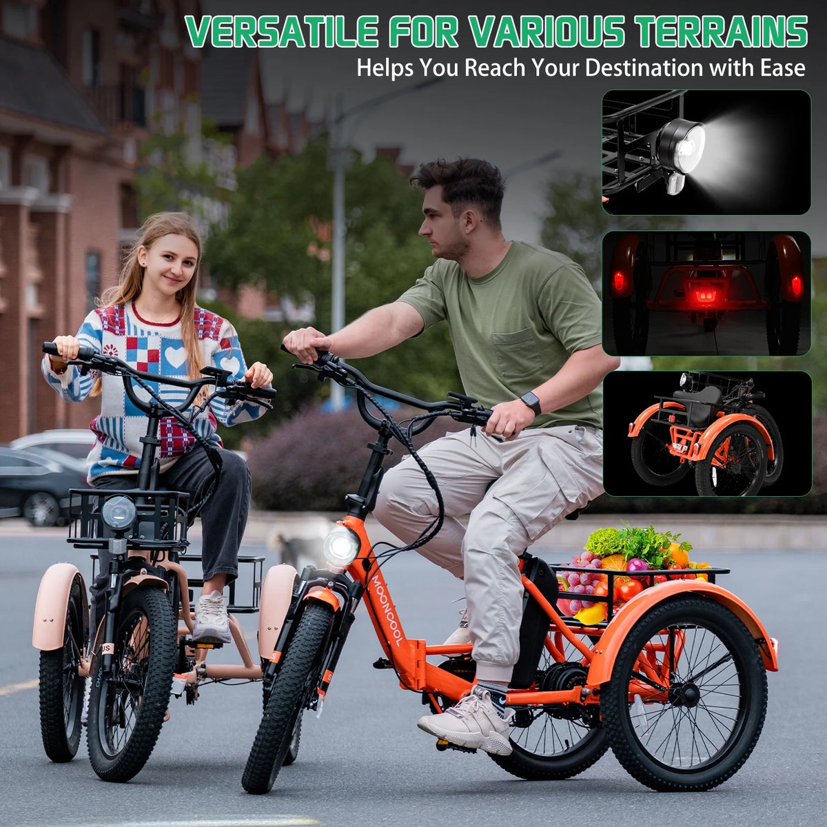 MOONCOOL TK1 Folding Electric Tricycle for Adults,48V 14.5Ah Removable battery, 500W Peak 1000w Motor, 20" Fat Tire Step-Thru 3Wheel Electric Bicycle w/Front&Rear Baskets, Certified to UL 2849 by SGS