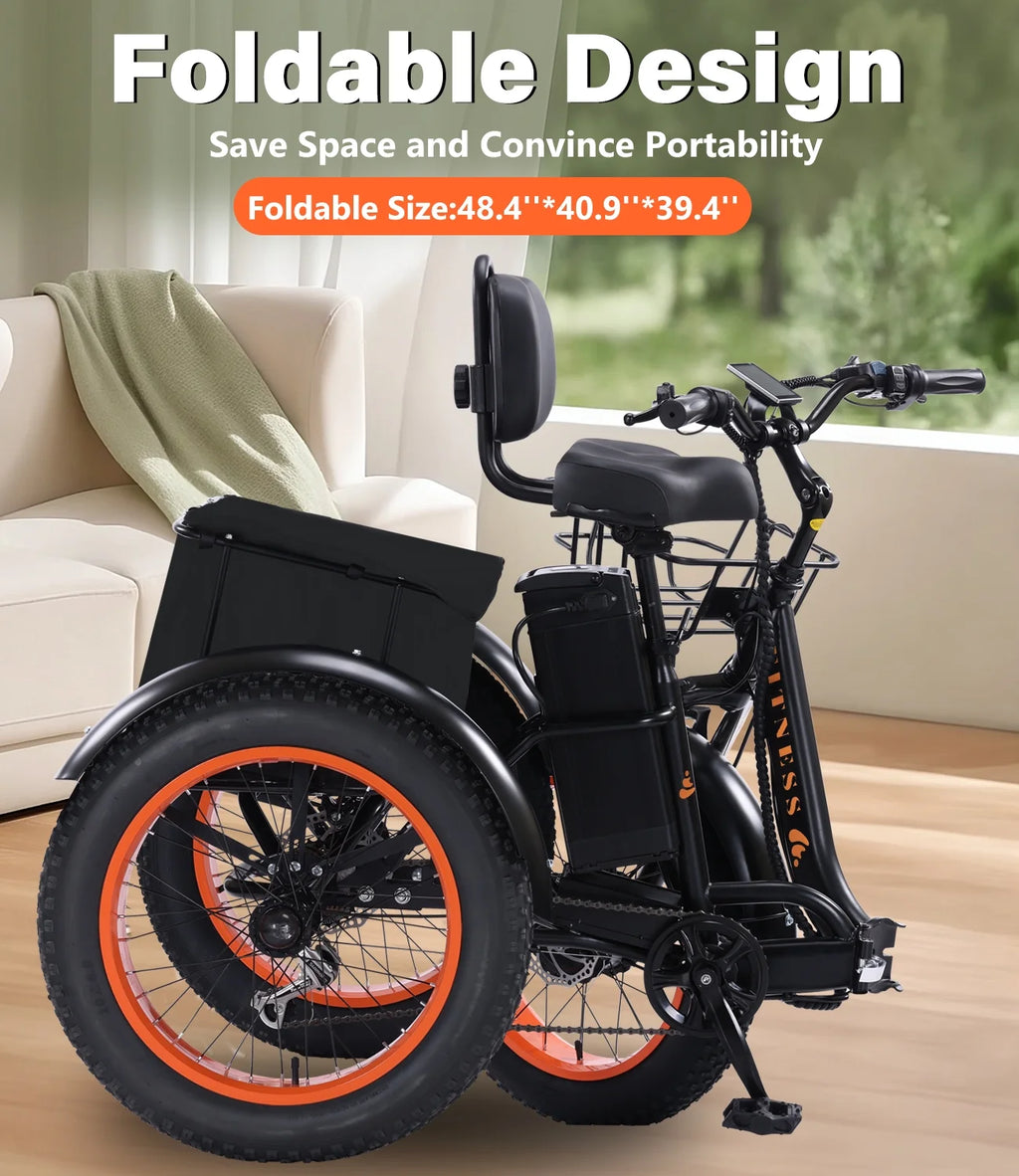 YEBEI Electric Tricycle for Adults Folding E-Trike Motorized Tricycle Electric 3 Wheels Trike Powerful 500W Motor Electric Tricycle 48V15AH Lithium Battery Max 20MPH 20*4.0 Fat Tire Orange
