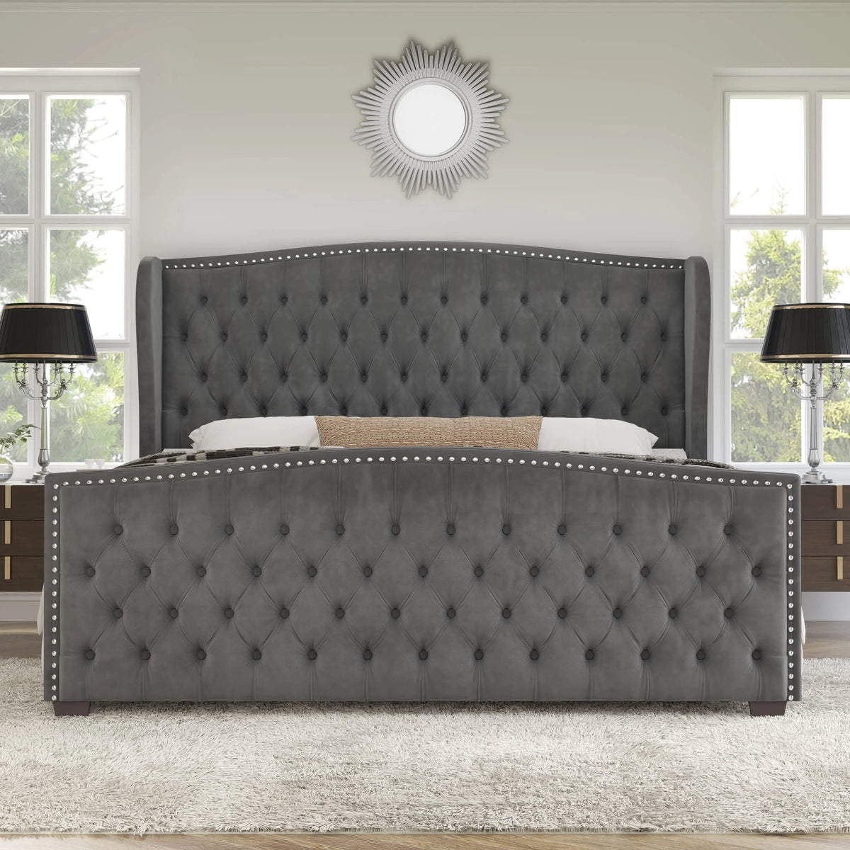 VANACC Queen Size Bed Frame, Velvet Upholstered Bed with Deep Button Tufted Wingback Headboard Grey