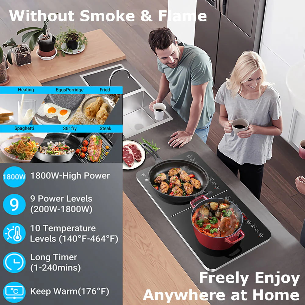 Aobosi Electric Double Induction Cooktop 1800W Portable Ultrathin with Sensor Touch, 10 Temperature 9 Power Settings 4 Hour Timer, Over-heating Protection & Child Safety Lock for Kitchen Garden Office