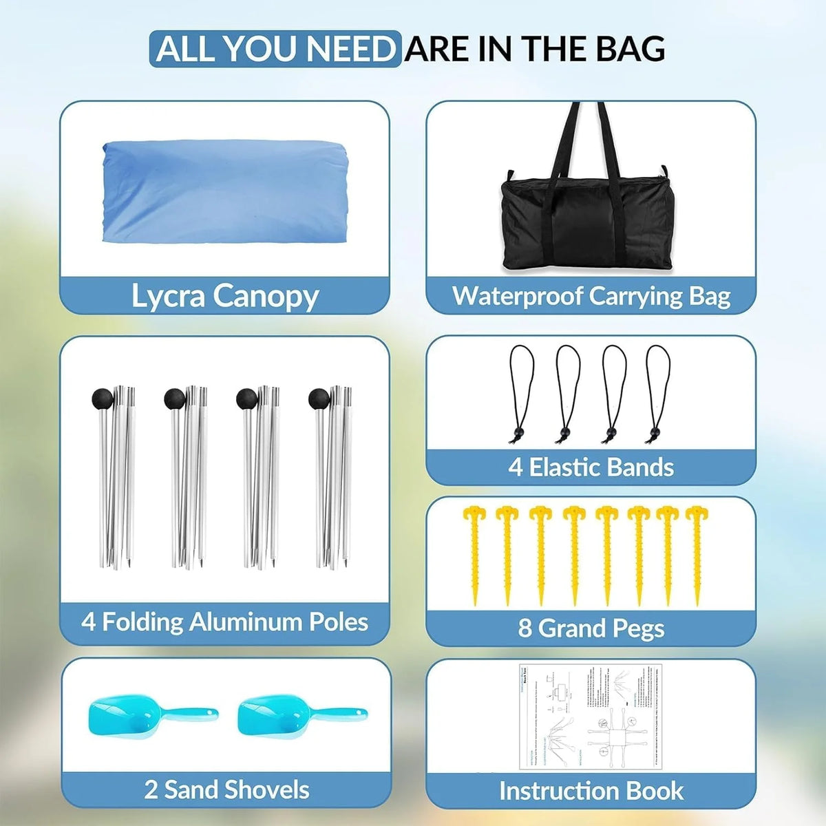 Beach Tent Canopy with 8 Sandbags 4 Aluminum Poles, Pop Up Portable Camping Sun Shelter, Easy Set Up with 2 Sand Shovel, Ground Pegs, Carrying Bag for Outdoor Beach,Picnic, Fishing