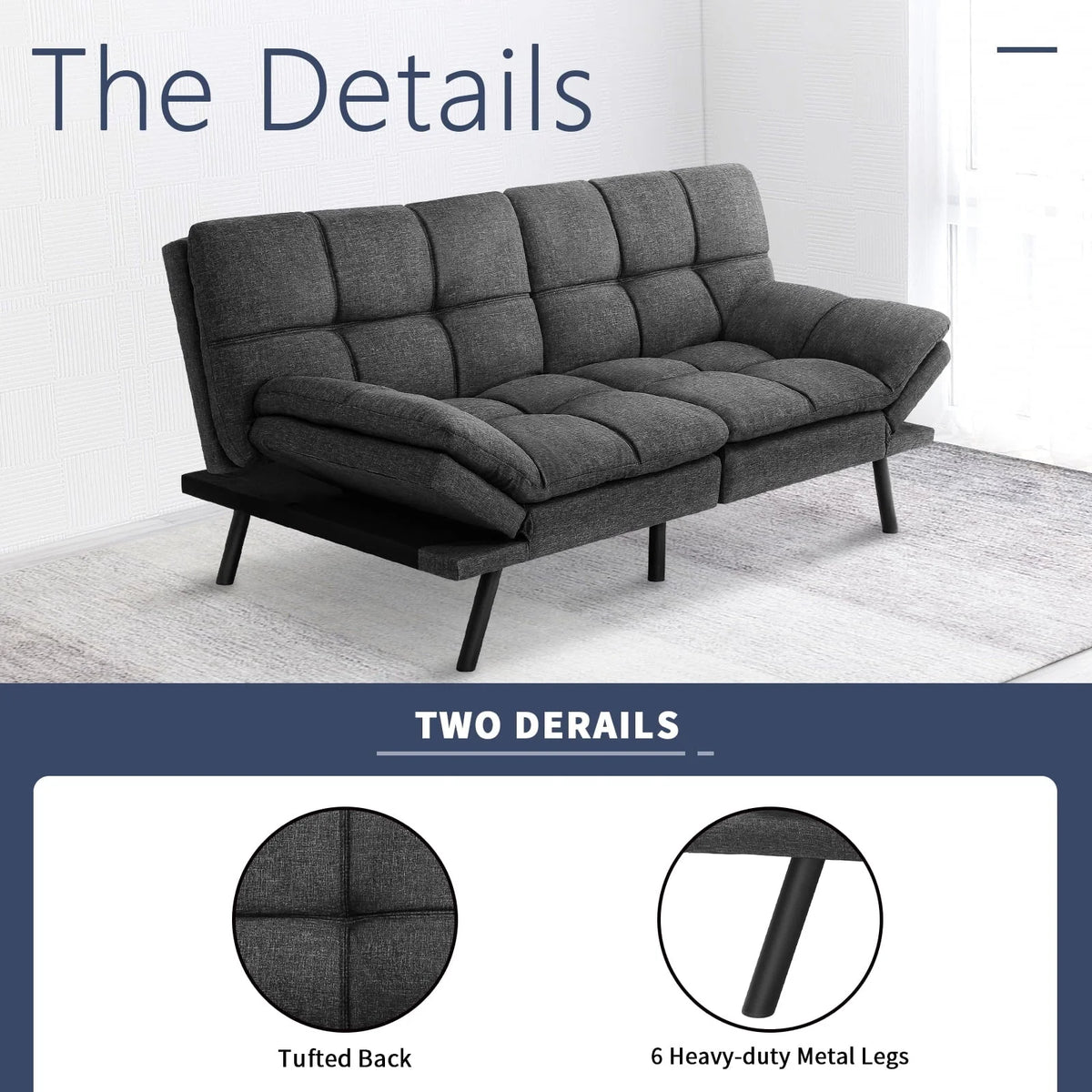 Convertible Memory Foam Futon Sofa Bed with Adjustable Armrests and Backrest,Gray