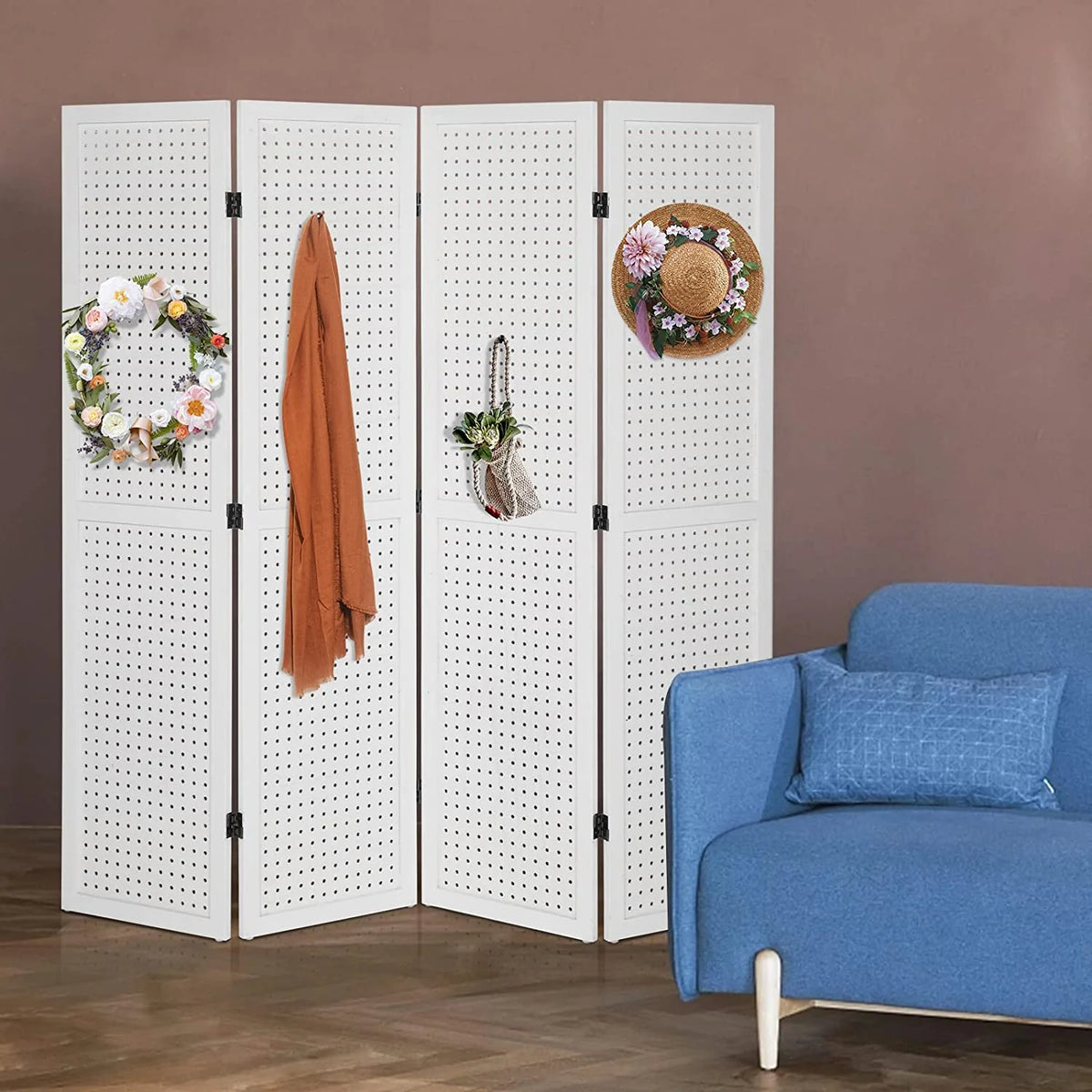 Bonnlo 4 Panel Pegboard Freestanding, 5 FT Portable Display for Craft Show Jewelry, Wooden Folding Room Divider