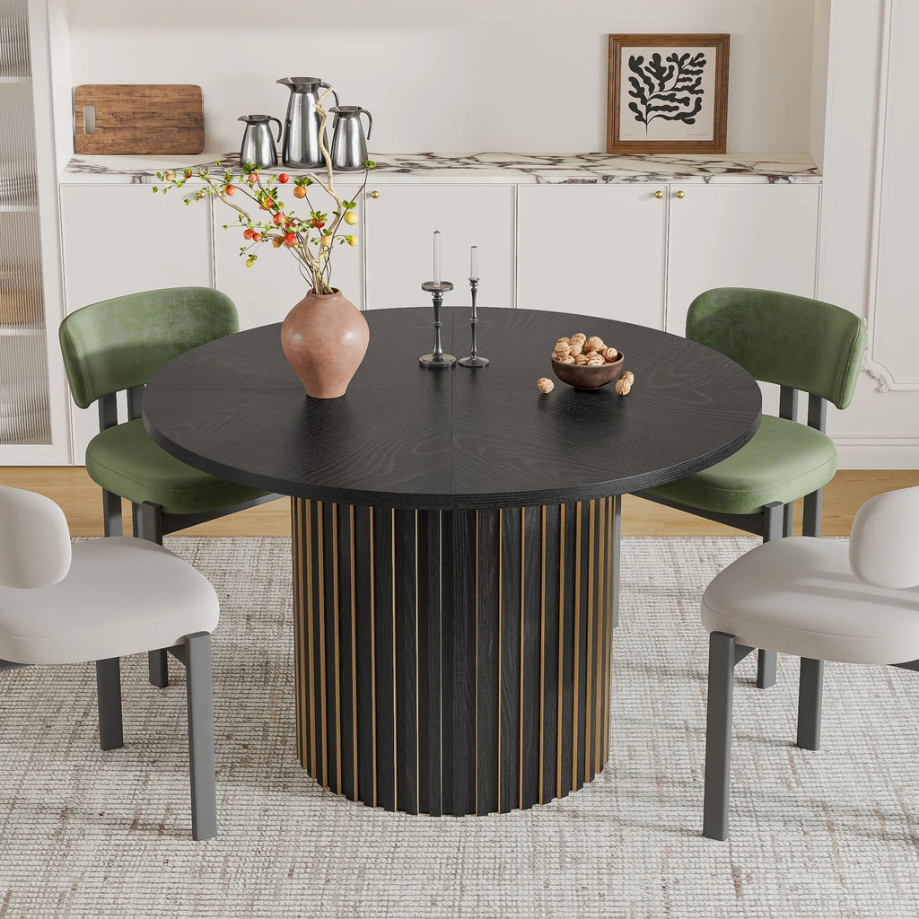 Modern Round Dining Table, 47 Inch Small Circle Kitchen Tables for 4-6, Wood Strip Base, Farmhouse Table for Kitchen, Dinning Room, Walnut
