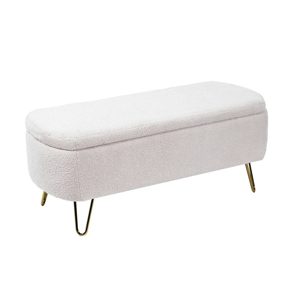 Syngar Entryway Bench with Storage for Bedroom, Living Room, and End of Bed, Faux Fur Ottoman Foot Rest with Storage,Upholstered Bench with Storage with Metal Leg,Ivory