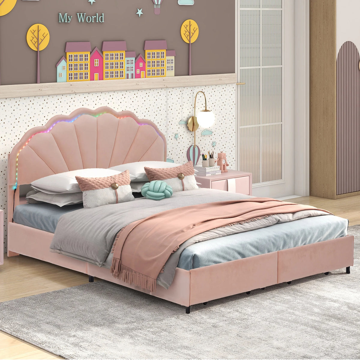 PORKISS Full Size LED Bed Frame with Drawers, Velvet Upholstered Bed, Princess Platform Bed with Chic Double Petal Headboard for Adults Teens, Pink