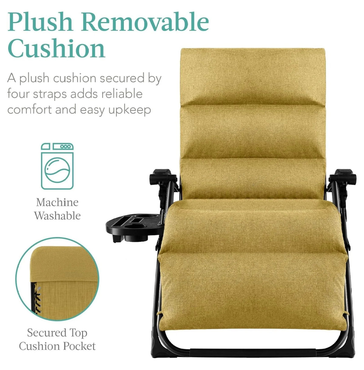 Oversized Chair, Folding Outdoor Patio Recliner, XL Anti Gravity Lounger w/Removable Cushion, Cup Holder, Side Tray, 350lb Capacity - Taupe