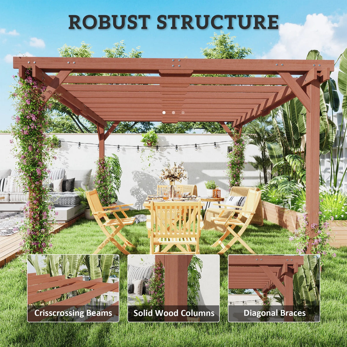 Outsunny 11' x 12.5' Outdoor Wood Pergola with Grape Trellis for Patio, Deck, Backyard, Lawn, Brown