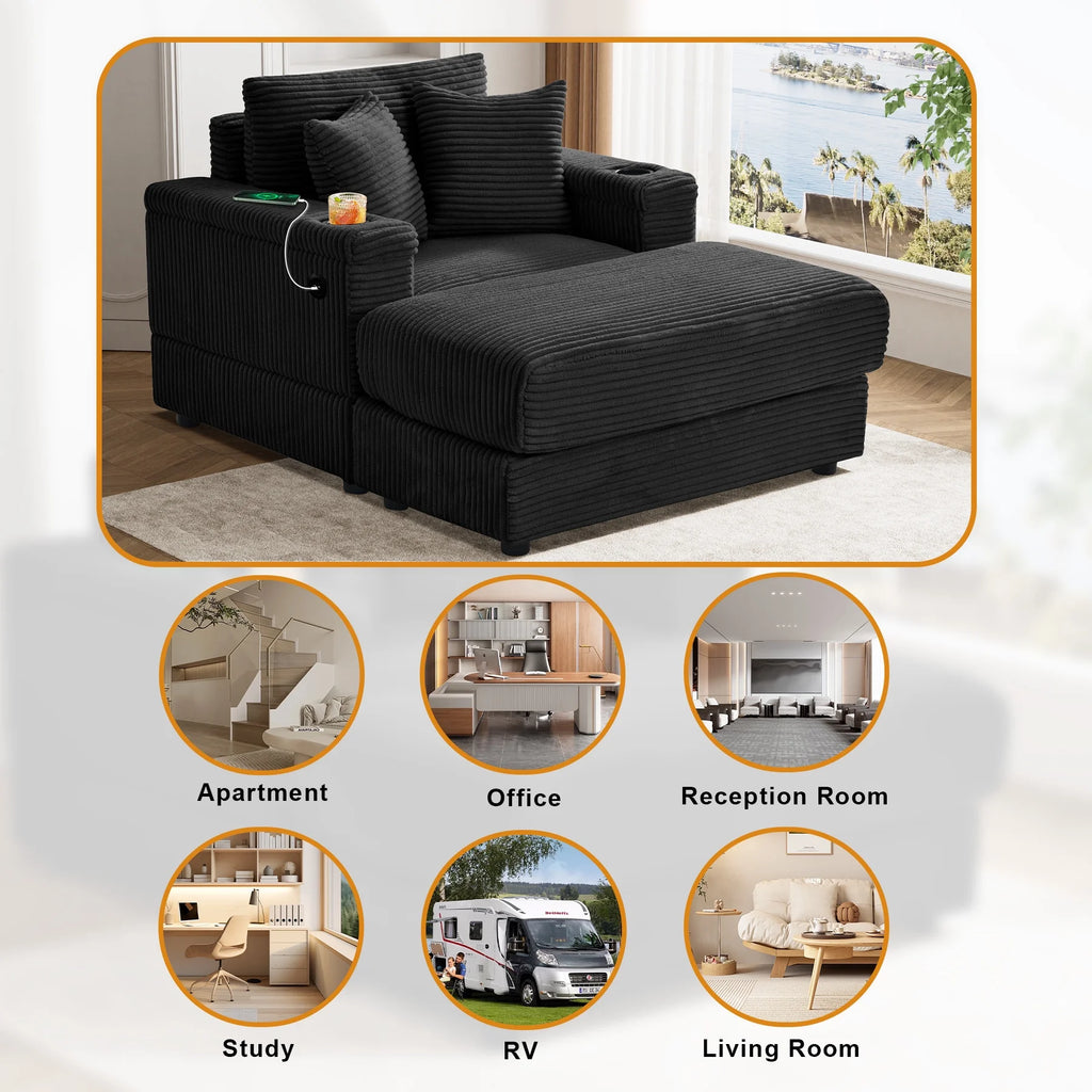 Wiilayok Oversized Lounge Chair Indoor,54" Corduroy Cloud Chaise Lounge Couch Indoor with Ottoman,Cup Holder for Living Room,Bedroom,Beige