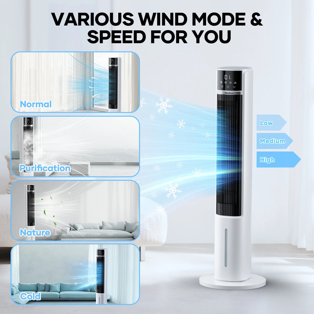 MaxKare 40" Evaporative Air Cooler, 3 Modes, 12H Timers, Oscillating Tower Fan White