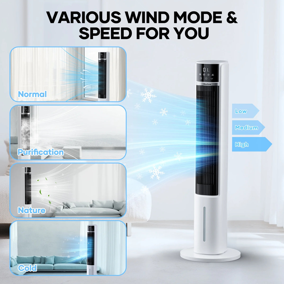 MaxKare 40" Evaporative Air Cooler, 3 Modes, 12H Timers, Oscillating Tower Fan White