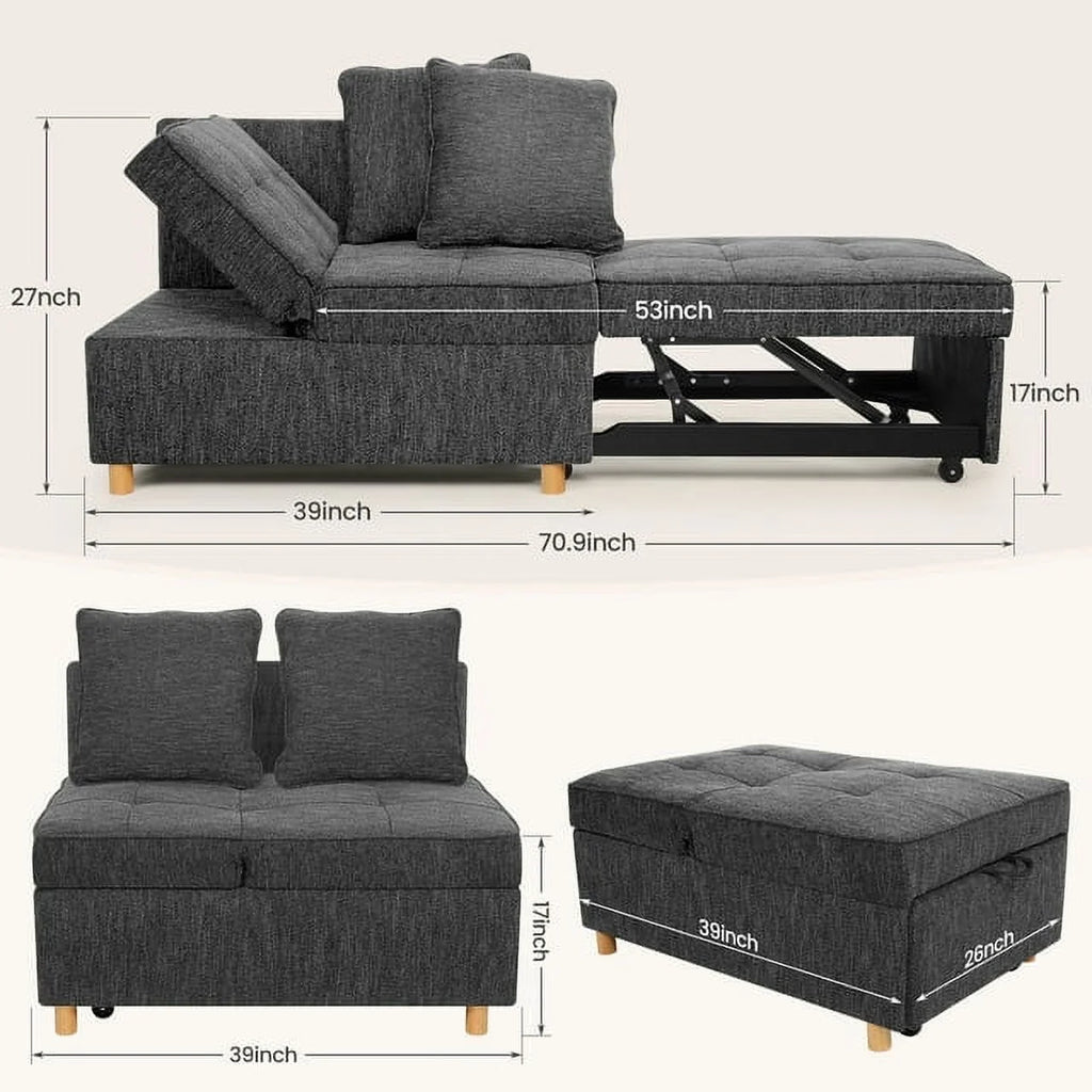 SEJOV 4-in-1 Convertible Sleeper Chair Bed, Linen Sofa Bed for Small Space, Futon Sofa with 2 Throw Pillows for Living Room, Single Recliner with 5 Adjustable Backrest for Bedroom Apartment, Brown