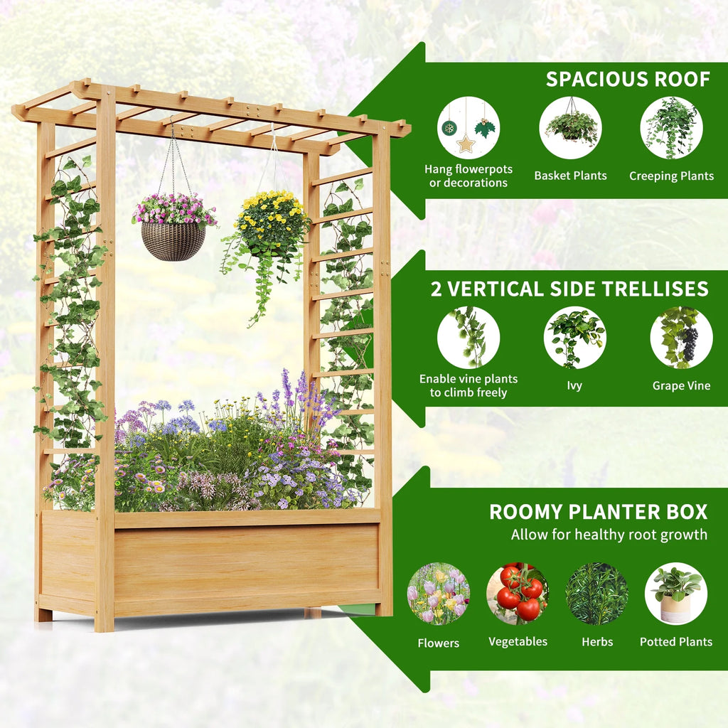 Slsy 63" Screen Raised Garden Bed, Wooden Planter Box with Hanging Roof & Drainage Holes, Indoor Outdoor Elevated Planter for Vine, Climbing Plants, Flowers, Patio & Garden