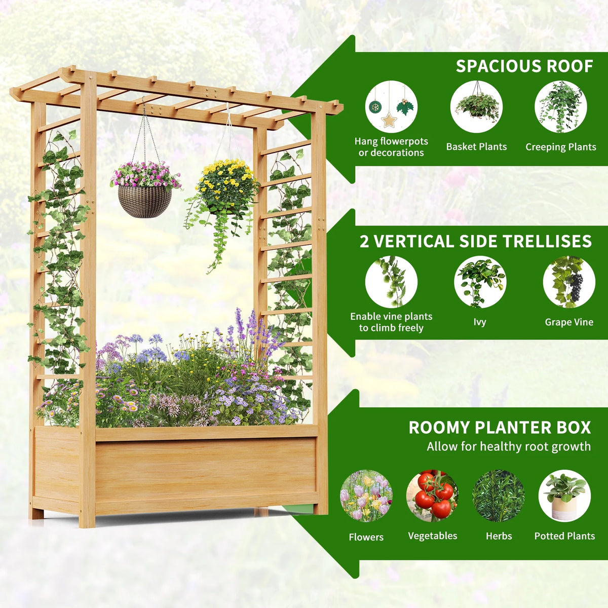 Slsy 63" Screen Raised Garden Bed, Wooden Planter Box with Hanging Roof & Drainage Holes, Indoor Outdoor Elevated Planter for Vine, Climbing Plants, Flowers, Patio & Garden