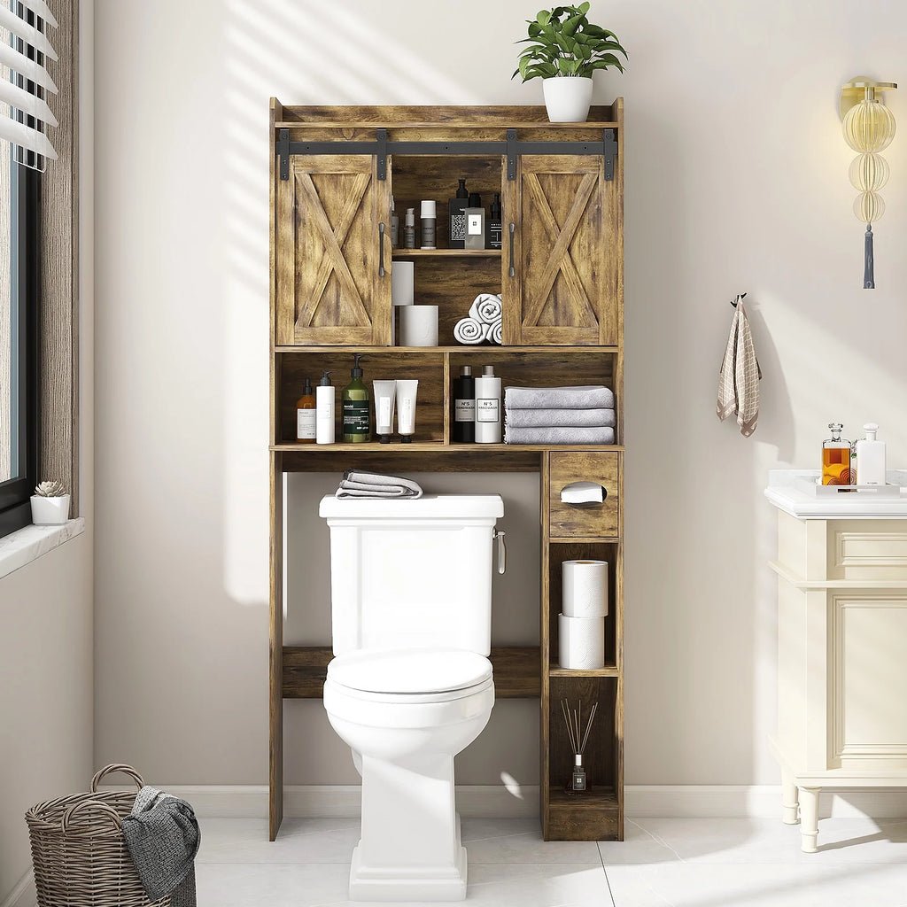 Over The Toilet Storage Cabinet, Farmhouse Storage Cabinet Over Toilet with Sliding Doors Home Space-Saving Toilet Rack, for Bathroom, Restroom, Laundry