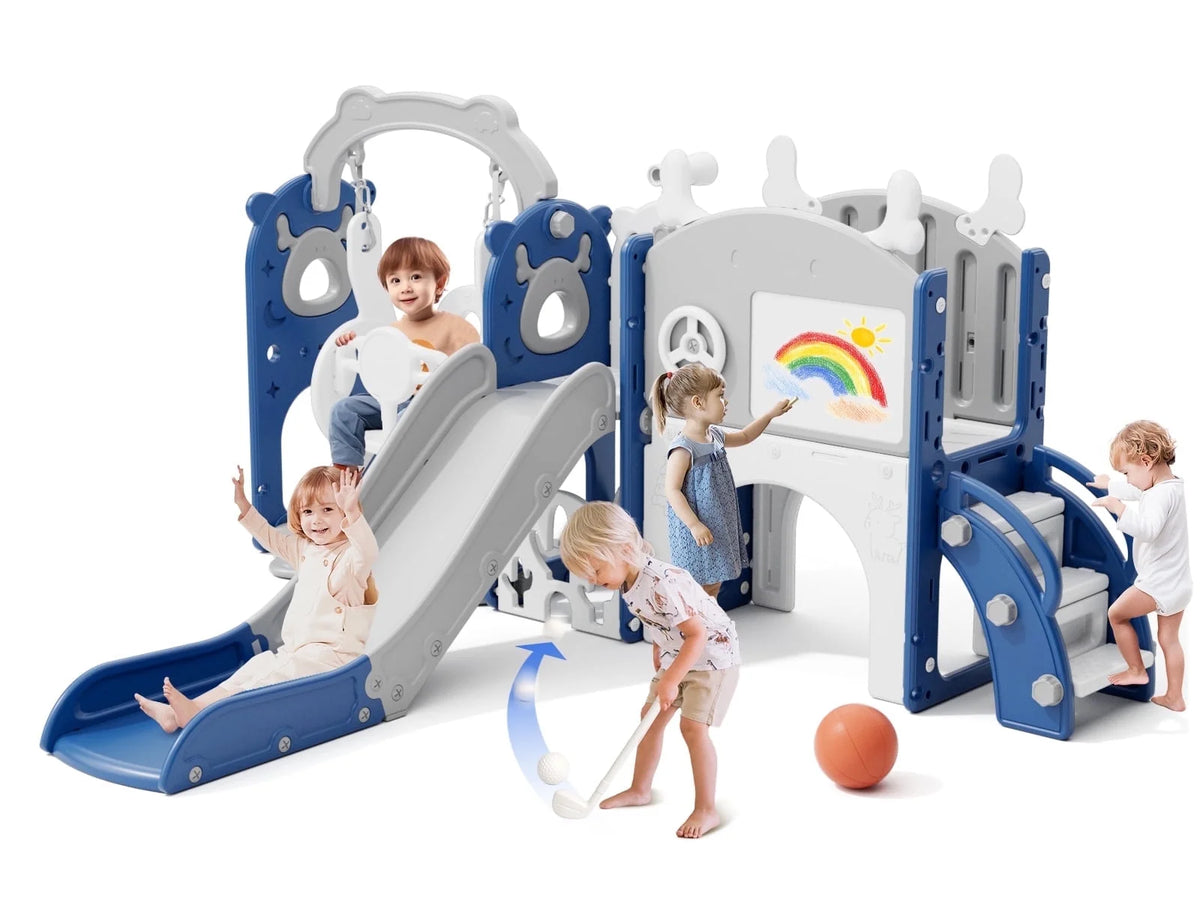 KORIMEFA 13-in-1 Toddler Slide, Kids Swing and Slide for Toddlers Age 1-4, Outdoor Indoor Playground Playset for Toddlers with Basketball Hoop and Ball Playset Telescope, Blue
