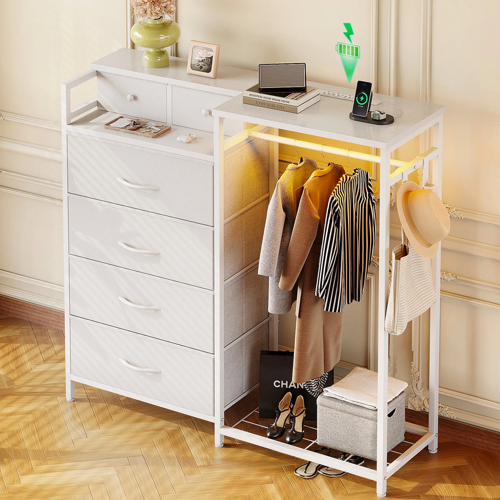 Dresser for Bedroom with Clothes Rack, 6 Drawers Dresser with Charging Station & LED Lights, White Storage Chest of Shelf for Bedroom, White