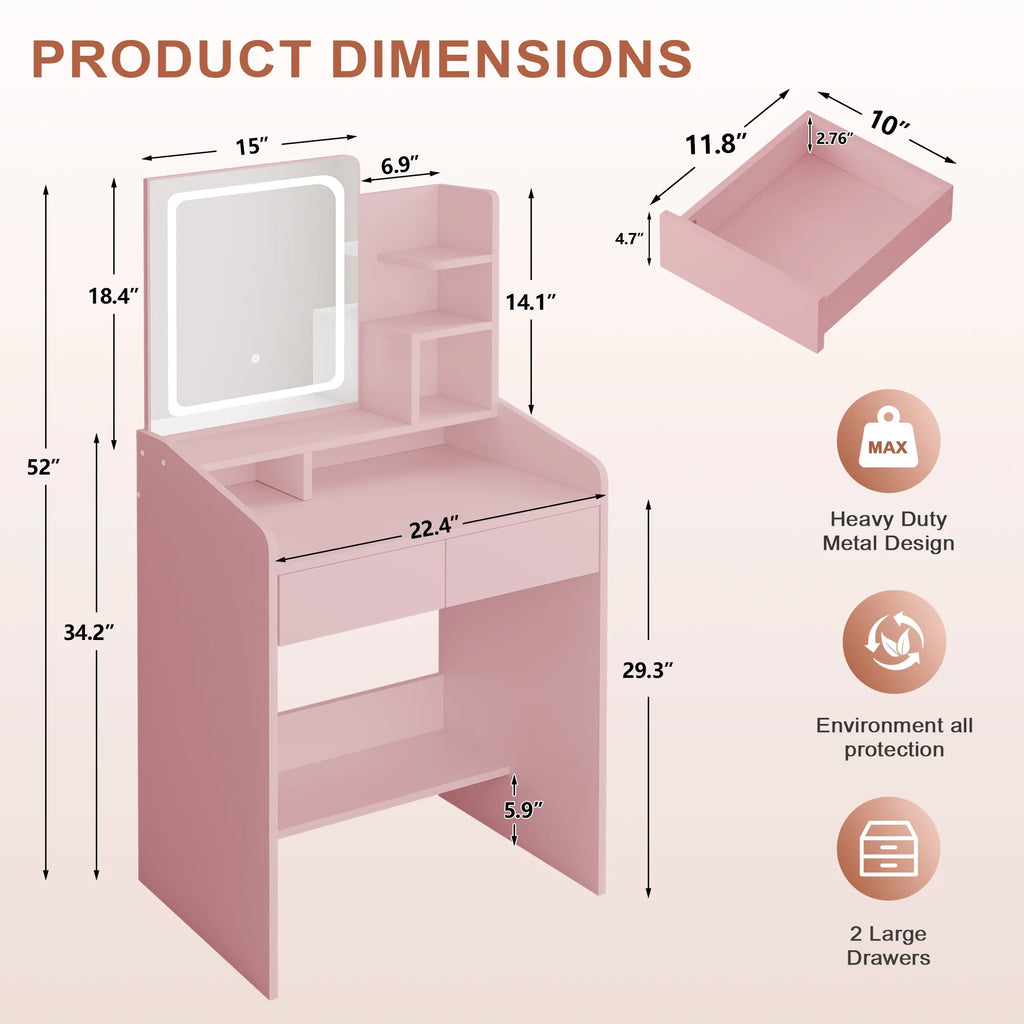 LIVELYGLOW Vanity Desk Set with Square Mirror and Light- Small Vanity Table with Drawers- White