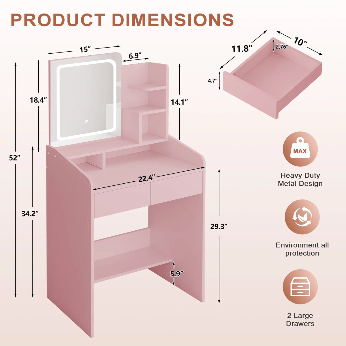 LIVELYGLOW Vanity Desk Set with Square Mirror and Light- Small Vanity Table with Drawers- White