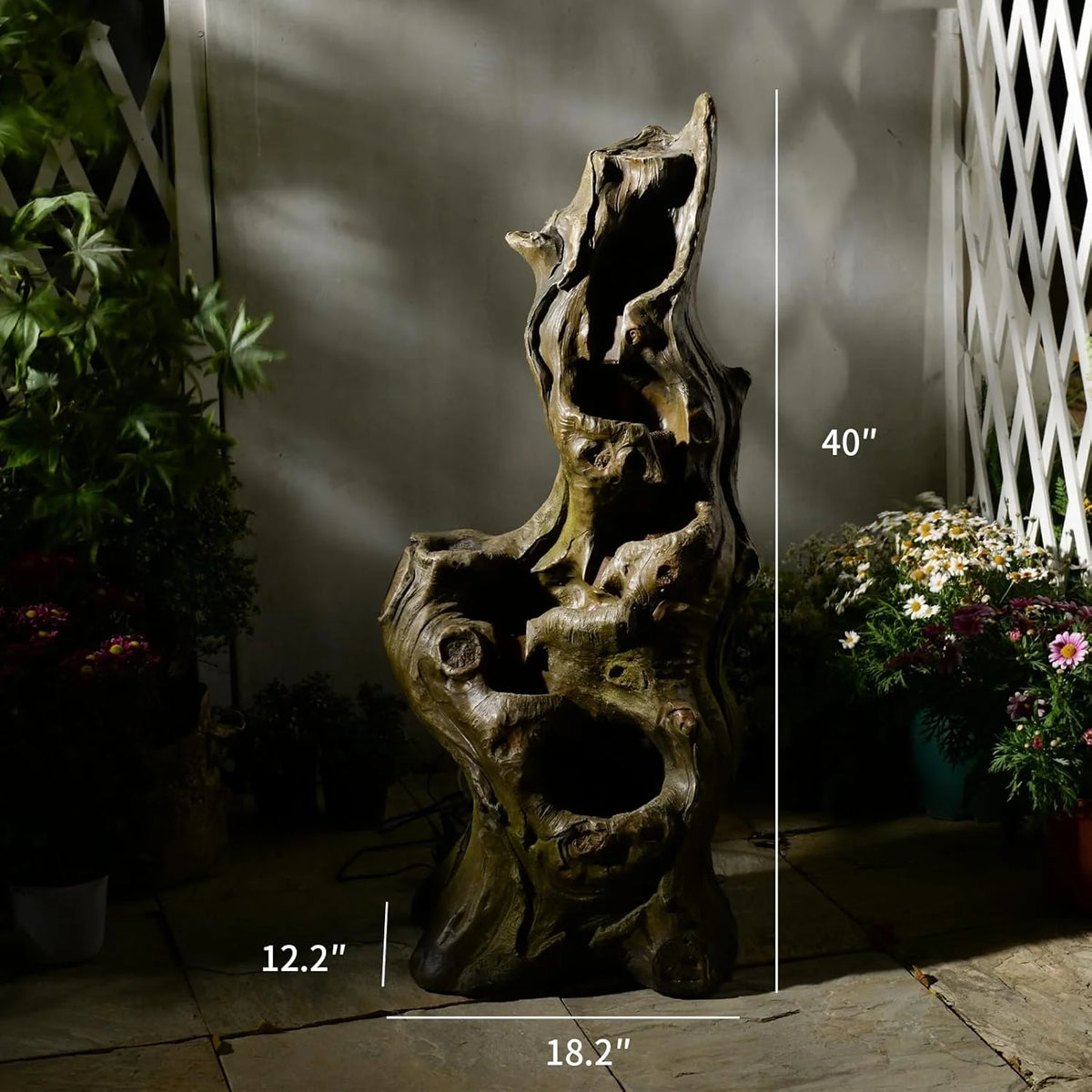 Water Fountain Outdoor 5-Tiers Large Cascading Realistic Tree Trunk Natural Waterfall Outdoor Fountain Resin Imitation Wood with LED Lights for Garden, Patio, Porch