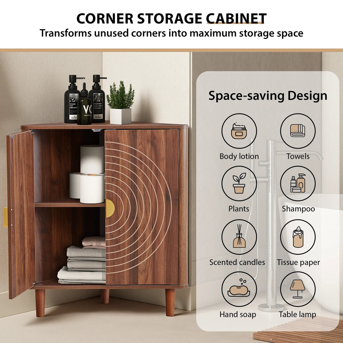 Accent Cabinet with Round Carved Line Door for Entryway Hallway, Walnut Sideboard Buffet Cabinet, Storage Cabinet with Adjustable Shelves for Living Room