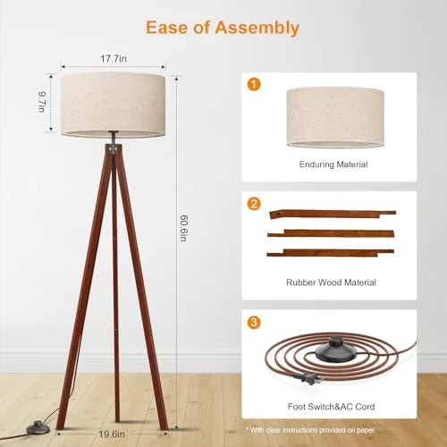 Wood Tripod Floor Lamp, Mid Century Standing Lamp, Modern Design Studying Light for Living Room, Bedroom, Study Room and Office, Flaxen Linen Shade with E26 Base Brown