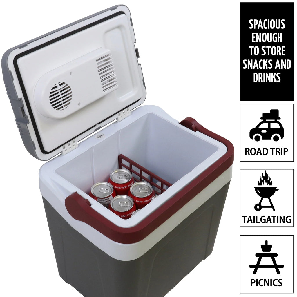Koolatron 12V Electric Cooler 24L (26 qt), With Self-Locking Handle, Gray/Red