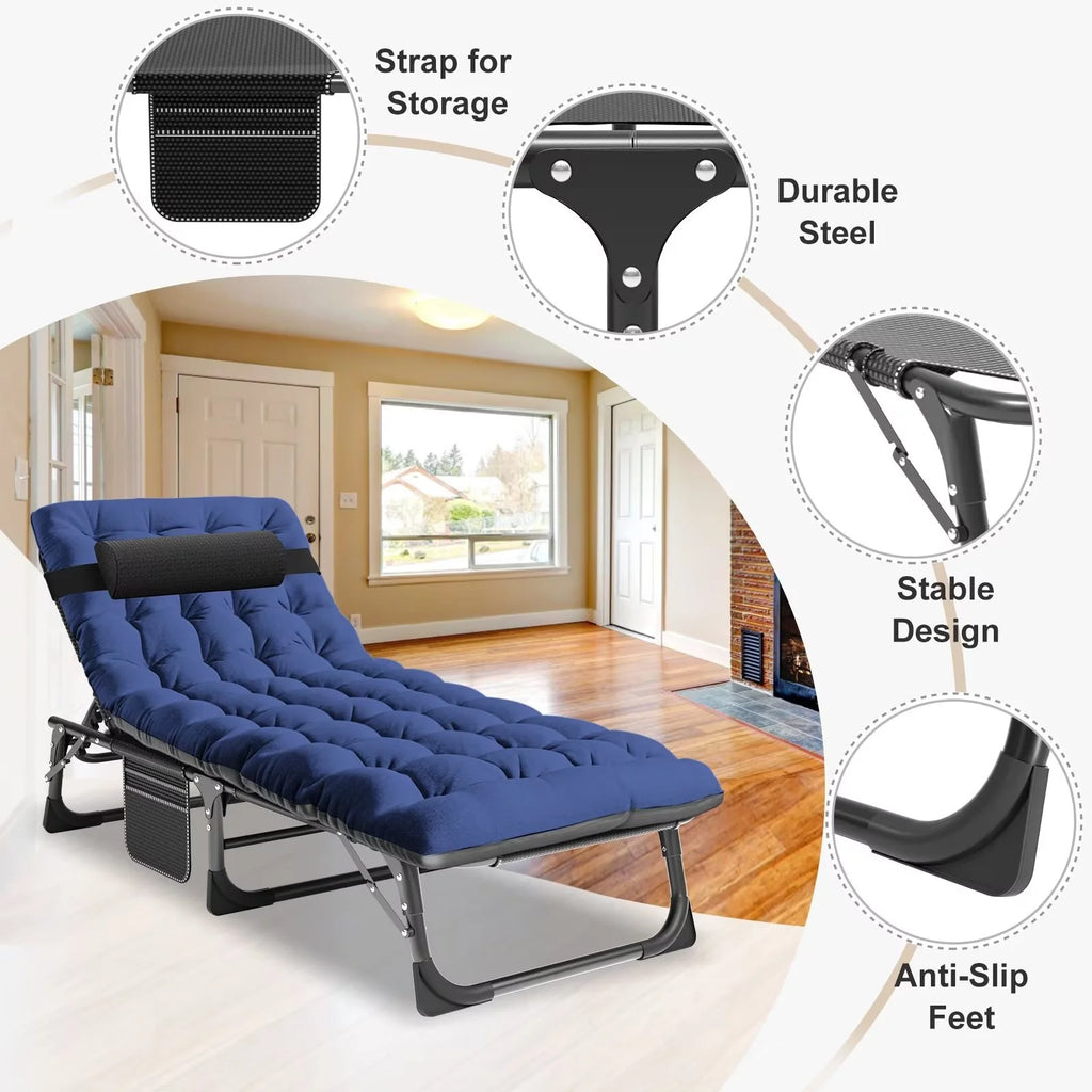 MOPHOTO Lounge Chair with Mattress, Outdoor Chaise Lounge Support 440 Lbs, Adjustable Portable Heavy Duty Sleeping Cots Bed for Camping, Pool, Beach, Patio