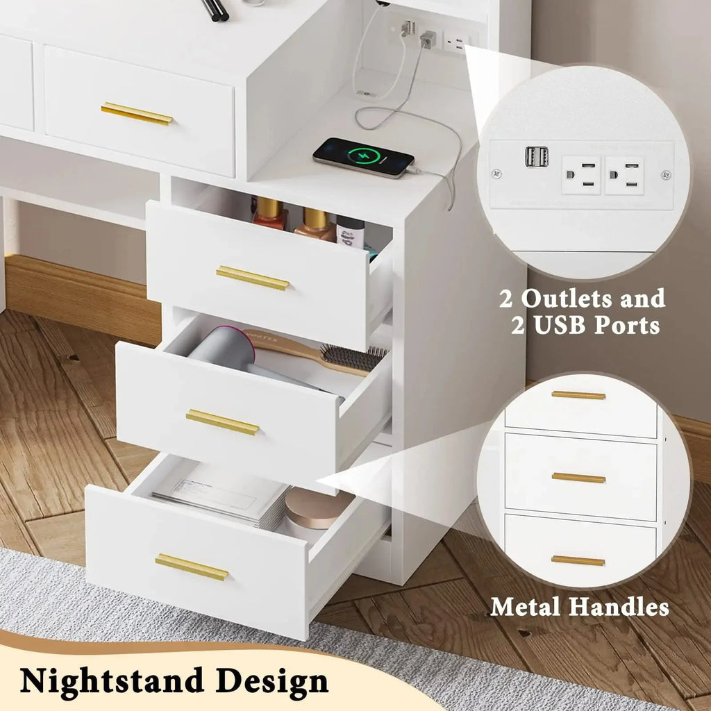 White Vanity Set Desk Table with 10 LED Lights & Charging Station & Sliding Mirror, Modern Makeup Vanity Desk Dressing Table with 5 Drawers for Bedroom, 10 LED Light Bulbs
