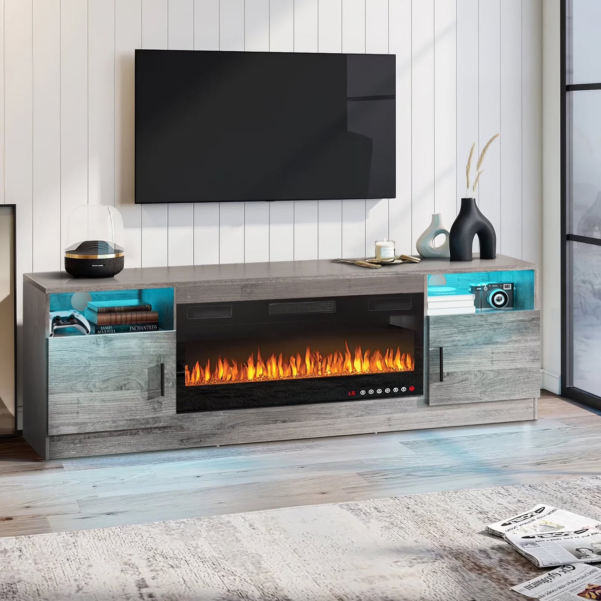 Waleaf Fireplace tv Stand with 36 inch Fireplace Up to 80" TVs,LED Light Entertainment Center and Storage