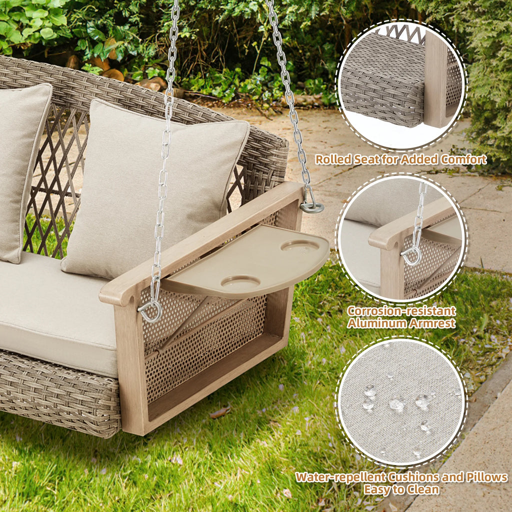 Homrest 3-Person Porch Swing 55in Wicker Hanging Swing Bench with Cushions and Cupholders for Deck, Garden and Backyard, Beige