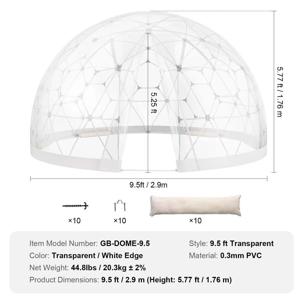 KFFKFF Outdoor Dome Shelter, 9.5 FT Clear PVC Garden Tent, Waterproof Geodesic Dome Tent with Window for Patio, Backyard Dining, and Parties