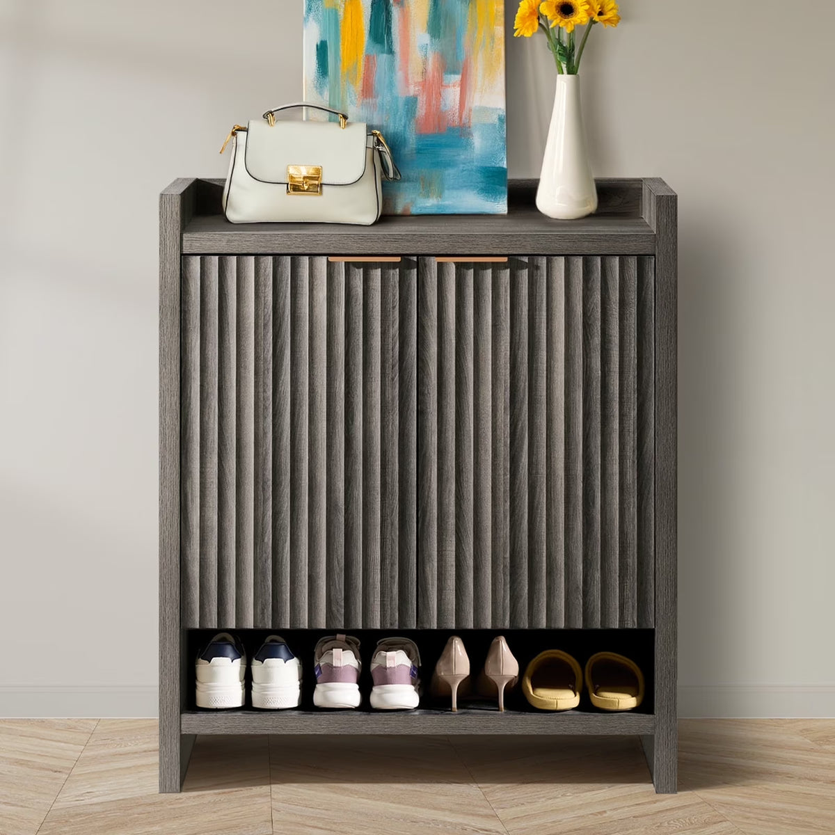 ARKANTOS Fluted Shoe Cabinet 3 Level Adjustable Shelf and 2 Doors Light Gray Oak