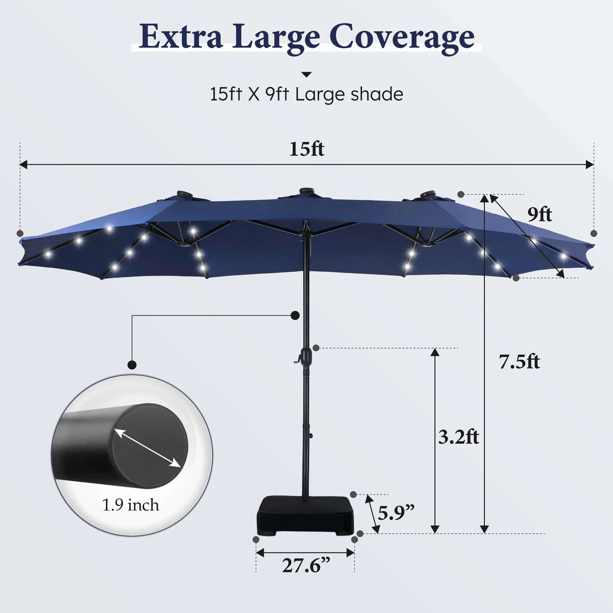 Summit Living 15 FT Double-Sided Solar Patio Umbrella with Base Large Outdoor Umbrella with LED Solar Lights - Haze Blue