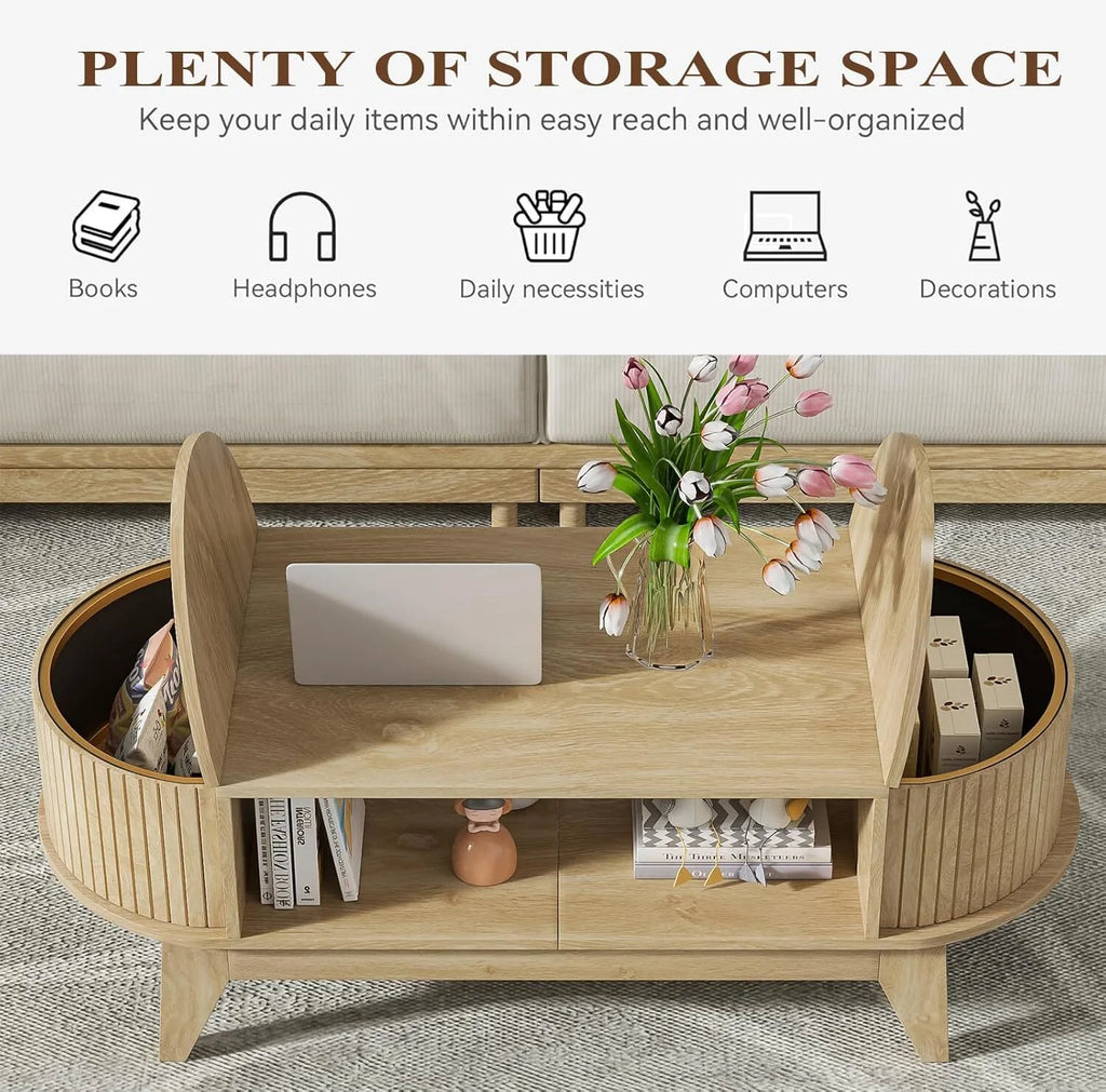 Fluted Coffee Table with Storage, Modern Coffee Tables, Wood Accent Center Table