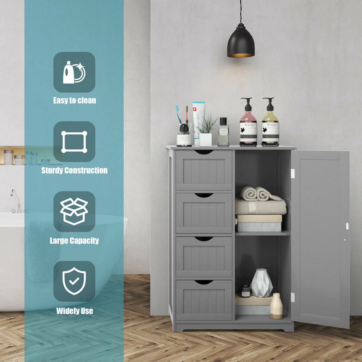Gymax Bathroom Floor Cabinet Storage Organizer Cupboard w/ 4 Drawers Adjustable Shelf Grey