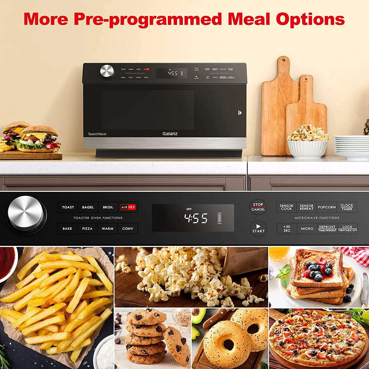 Galanz  4-in-1 ToastWave with TotalFry 360, Convection, Microwave, Toaster Oven, Air Fryer, 1000W,1.2 Cu.Ft, LCD Display, Cook, Sensor Reheat, Stainless Steel