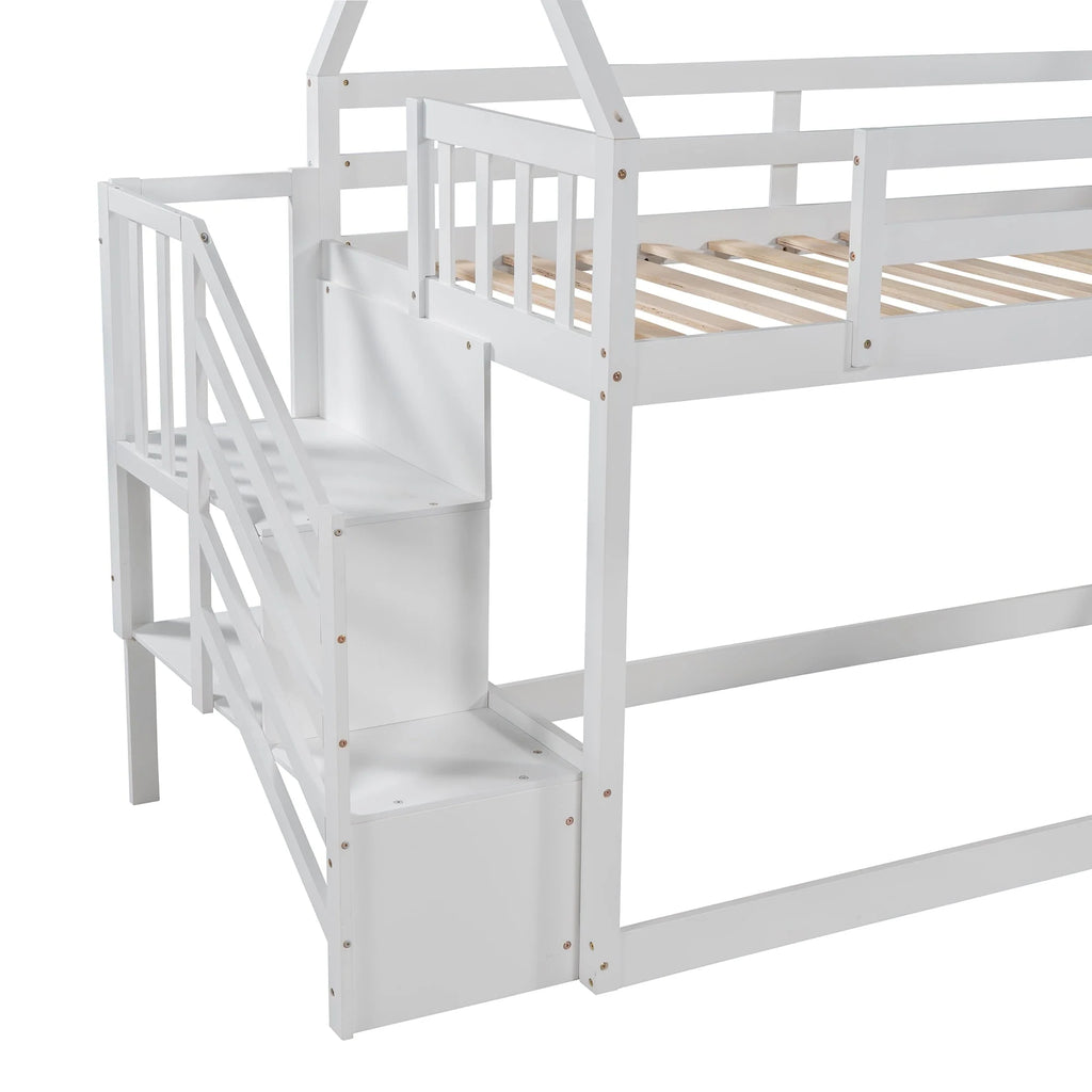 Low Bunk Bed with Slide and Stairs, Wood Twin Over Twin House Bunk Beds for Kids, Floor Bunk Bed with Stairway Easy Assembly (White)
